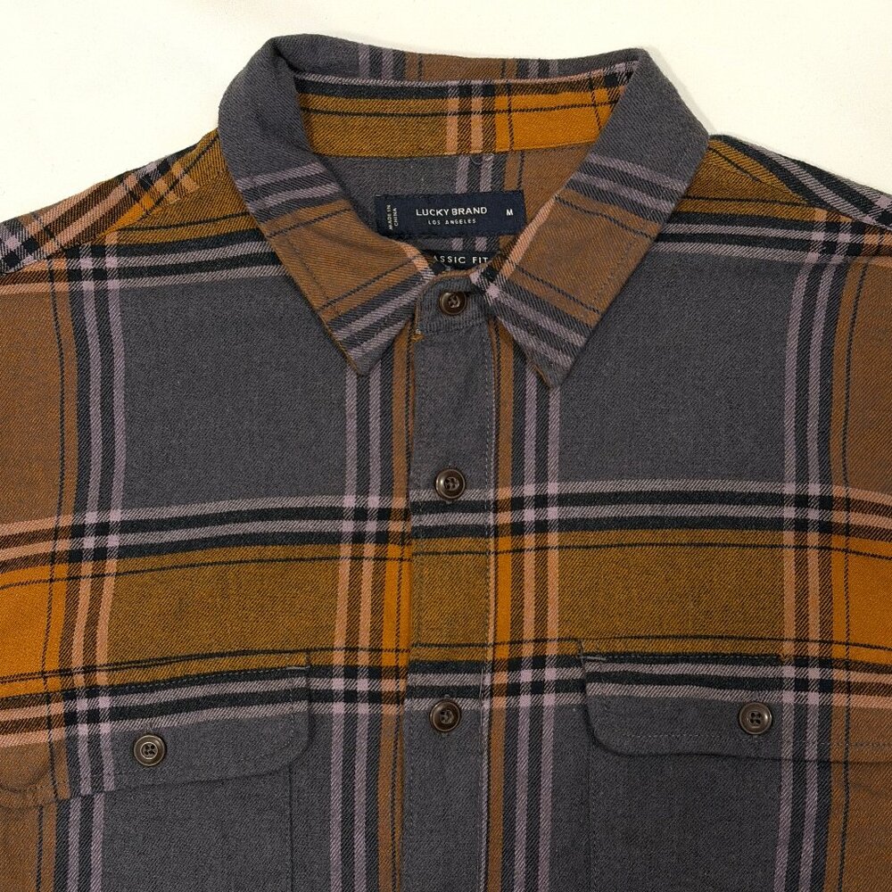 Lucky Brand Plaid Grey Yellow Flannel Long Sleeve Button Up Shirt Medium LN